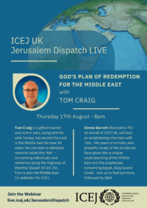 flyer for webinar 17th August. Photo of Tom Craig and a map of the Middle east